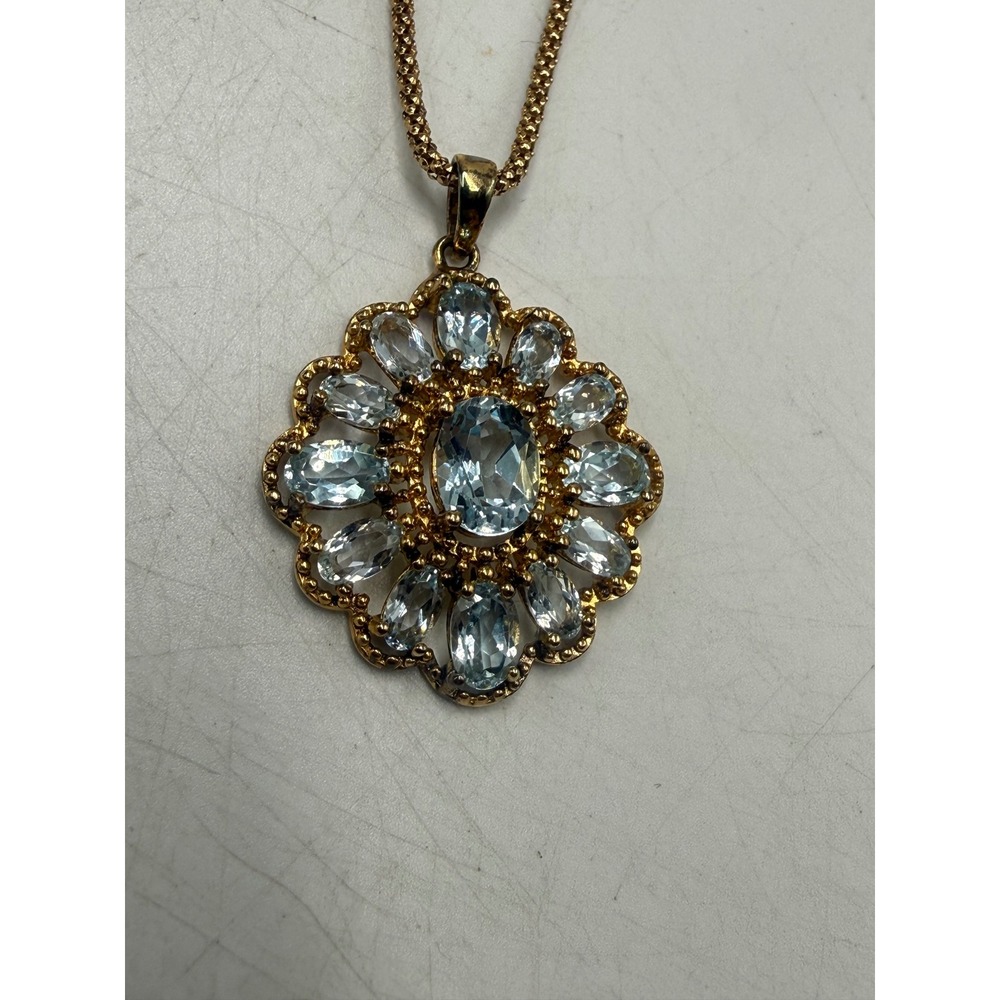 925 Sterling Silver Blue Topaz Floral Cluster Pendant Necklace Gold Tone 18 In